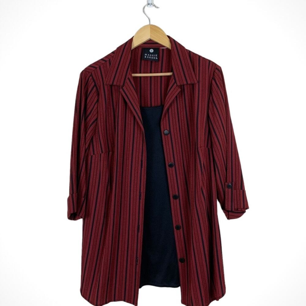 Maggie Barnes Womens Red Striped Button Blouse Size 0X/L Short Sleeves Casual